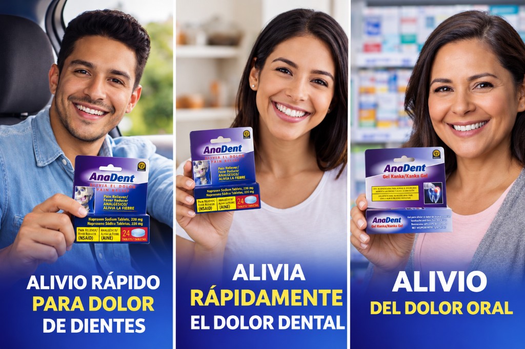 Three people holding AnaDent tablets and Kanka Gel