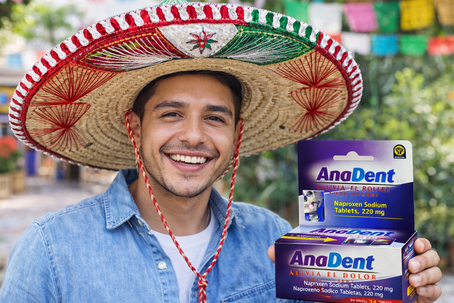 Man in a festive hat holding a box of AnaDent tablets