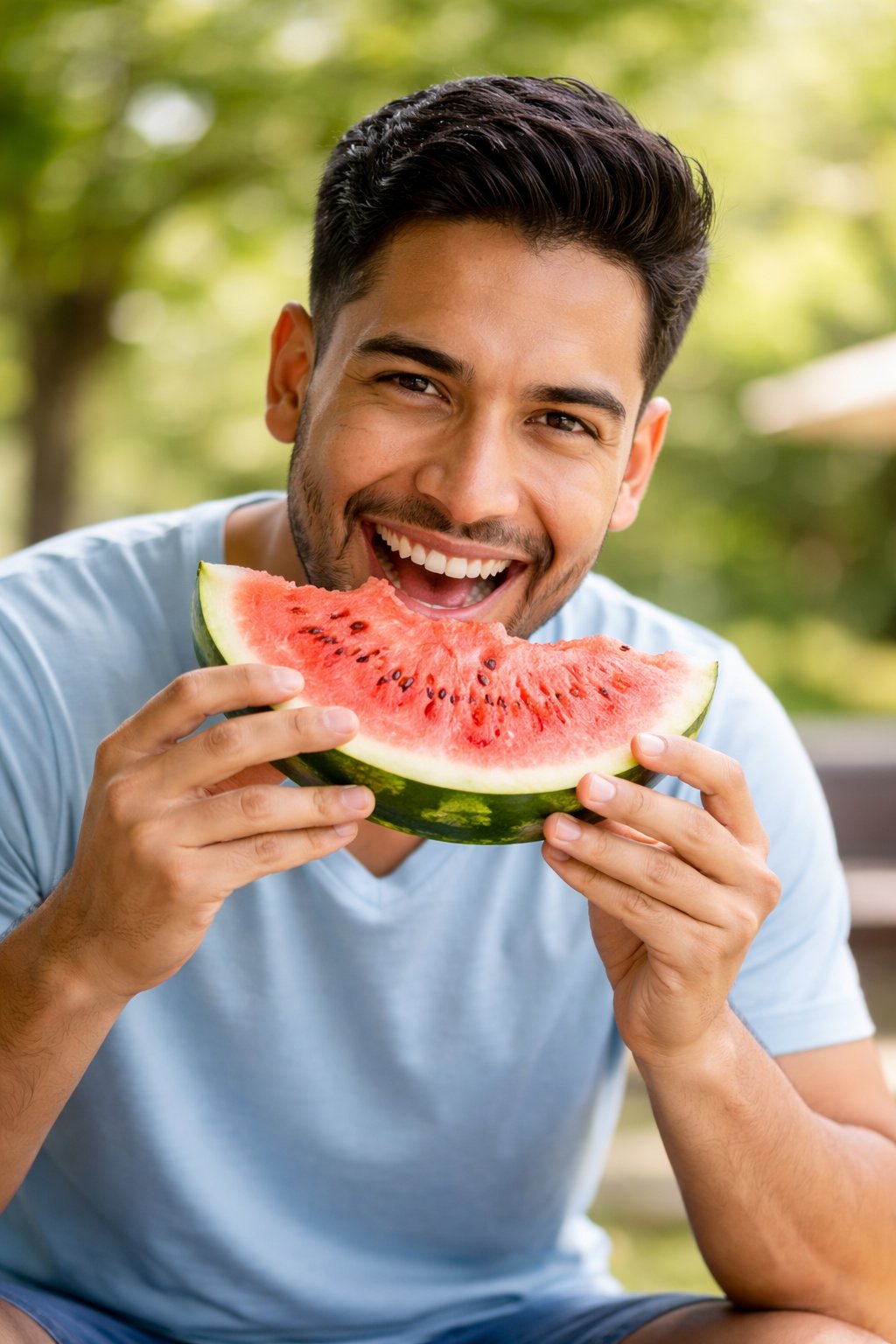 Man smiling while eating watermelon
