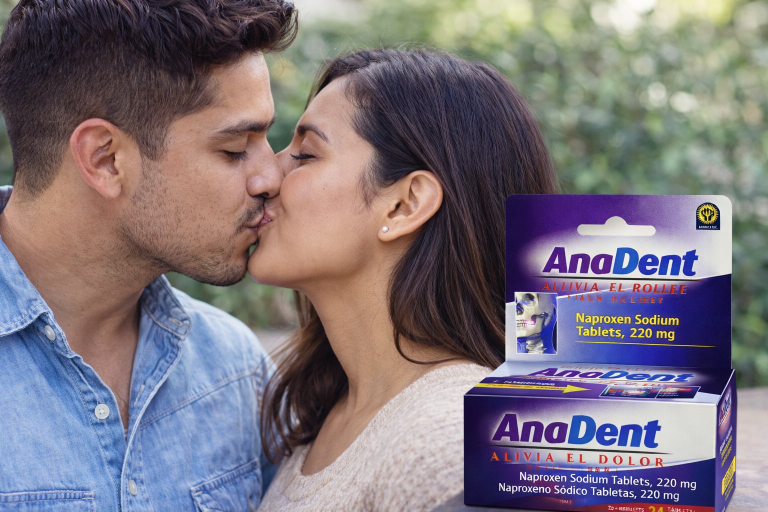 A couple kissing, with a box of AnaDent tablets beside them